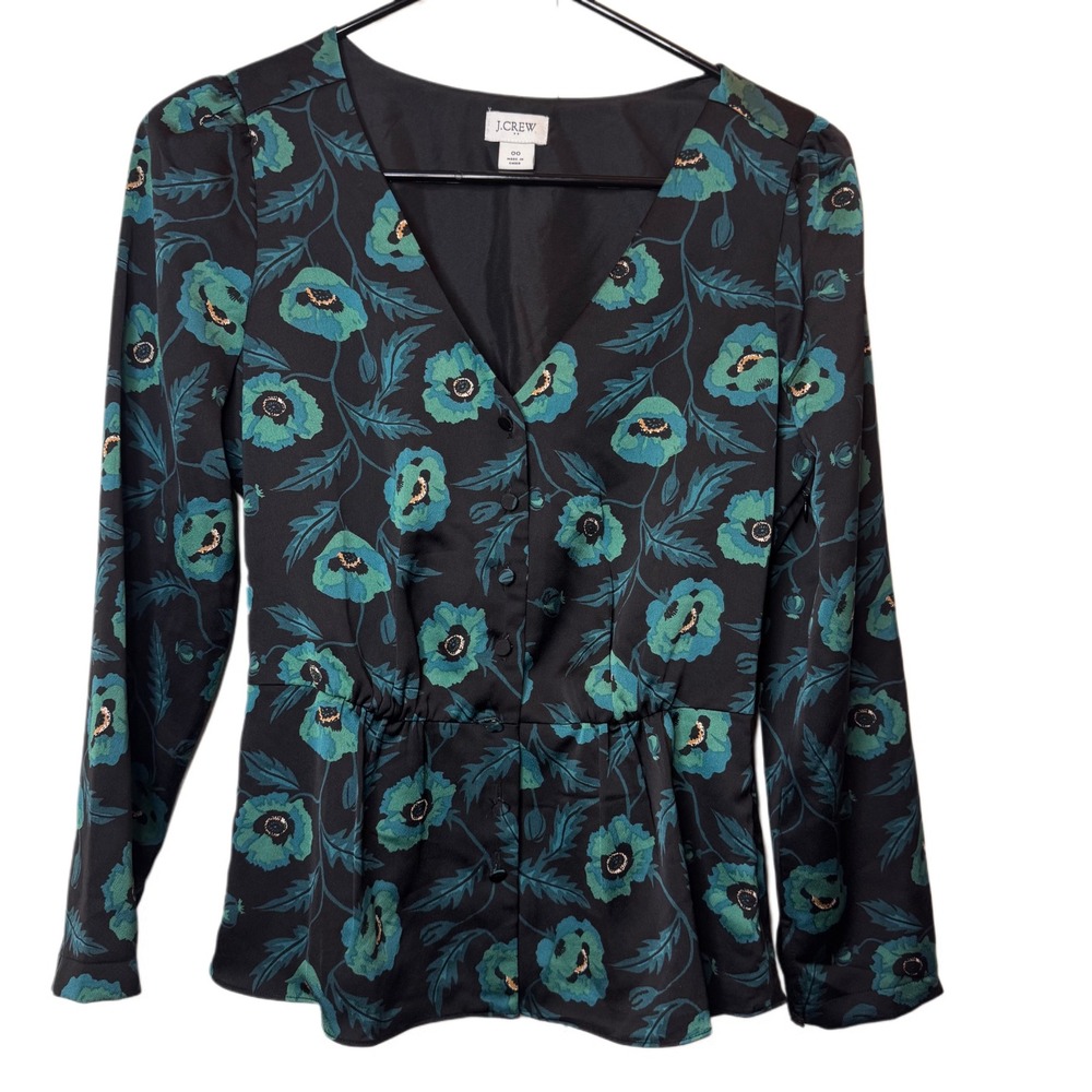 JCrew Satin Crepe Peplum Poppy Print Blouse‎ Size 00